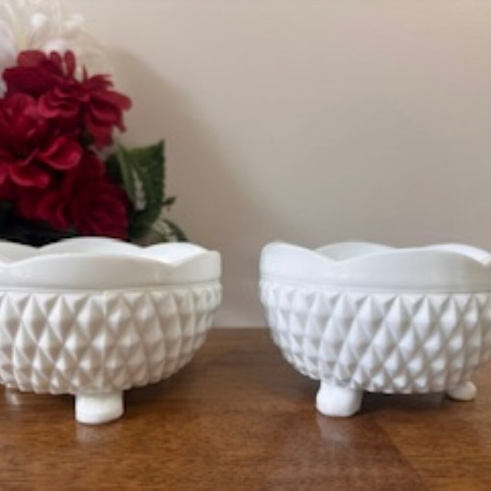 Vintage Milk Glass Planter Bowls Three Feet Diamond Point Pattern Wedding Decor